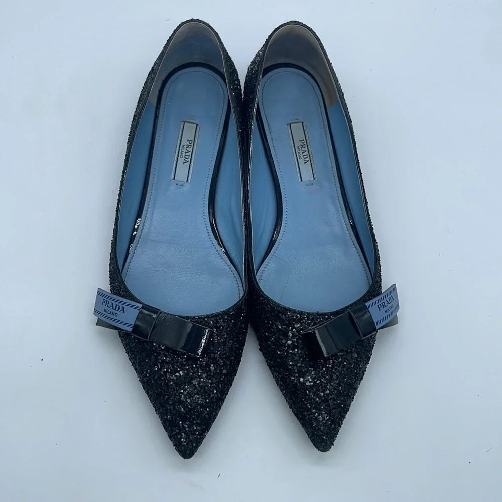 Prada Black Glitter leather bow logo embellished pointed toe ballet flats 38.5